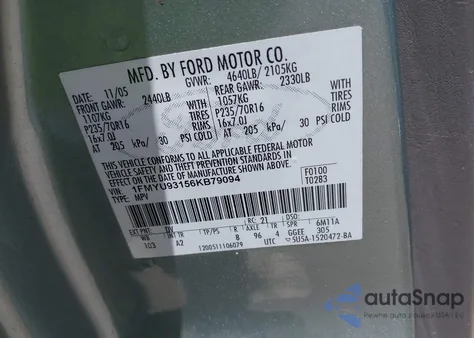 2006 Ford Escape Xlt/Xlt Sport из США, поврежденный, VIN 1FMYU93156KB79094